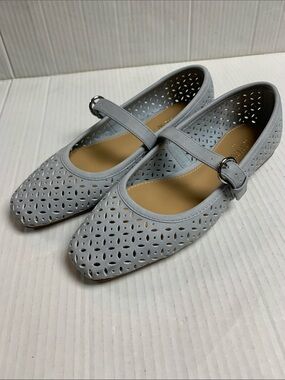 J Crew Factory Mary Jane Ballet Flats Leather Fog Blue Size 6.5